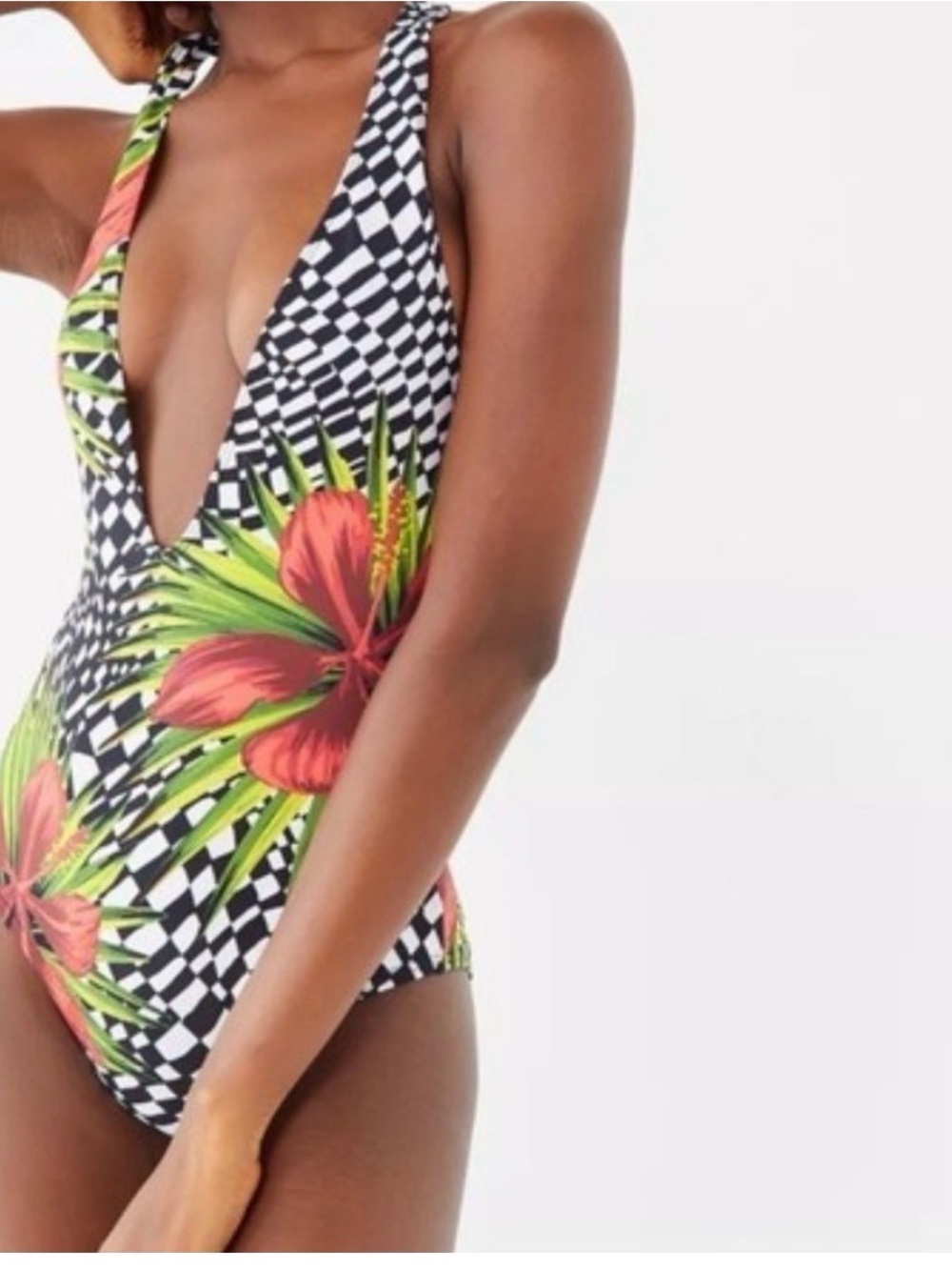 Out from under Urban Outfitters Black & White Check One-Piece with Red Hibiscus